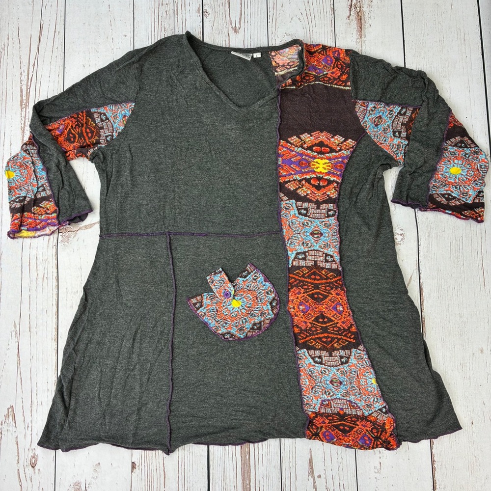 Parsley‎ & Sage Women Gray Patchwork Tunic 3/4 Sleeve V-Neck Rayon Top Large